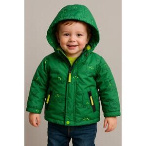 Cat & Jack Toddler Boys Green Dinosaur Puffer Jacket 2T Hooded Waterproof Warm